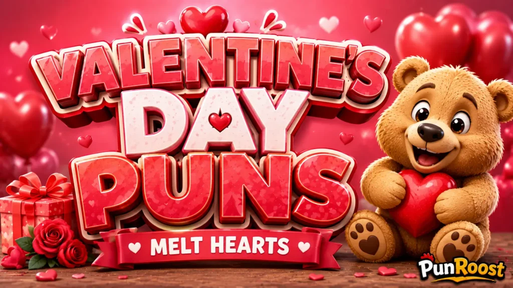 A vibrant featured image for PunRoost featuring large 3D text "valentines day puns" and a smiling heart mascot.