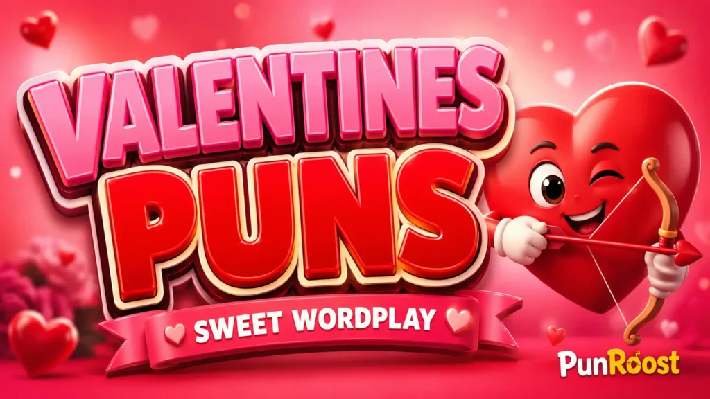 Valentines Puns featured image with glossy hearts and a playful heart mascot