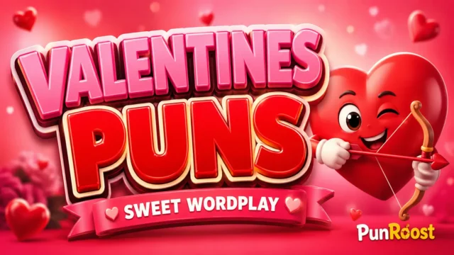 Valentines Puns featured image with glossy hearts and a playful heart mascot