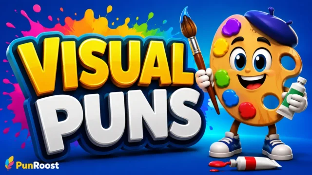Colorful 3D Visual Puns graphic with a cheerful artist palette mascot