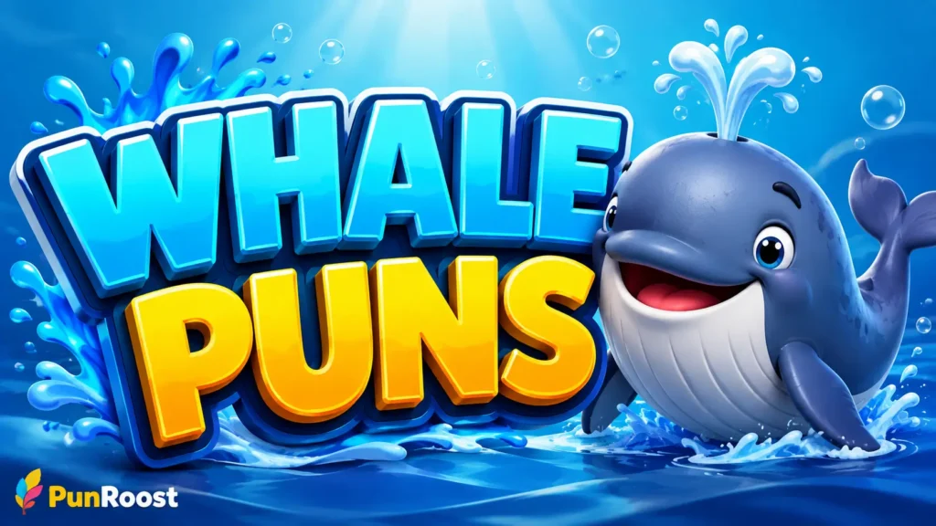 Colorful Whale Puns graphic with a cheerful cartoon whale