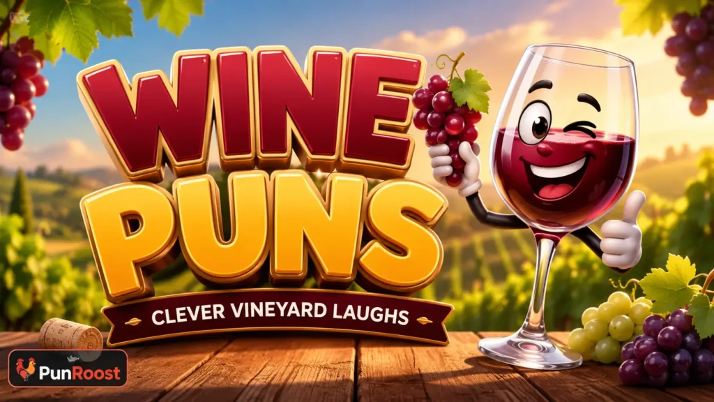 Wine puns featured image with a playful wine glass and vineyard grapes