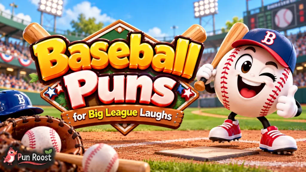Baseball Puns thumbnail with bold 3D lettering, a cheerful baseball mascot, bats, glove, and stadium scene