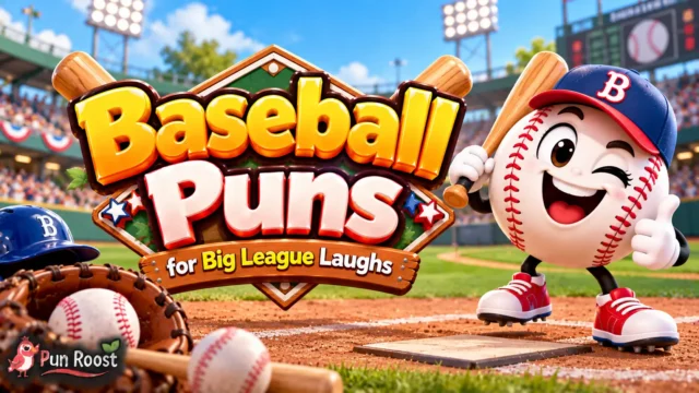 Baseball Puns thumbnail with bold 3D lettering, a cheerful baseball mascot, bats, glove, and stadium scene