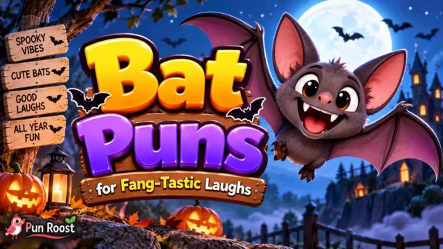 Bat Puns thumbnail with bold 3D lettering, a cheerful bat mascot, pumpkins, and a moonlit Halloween scene