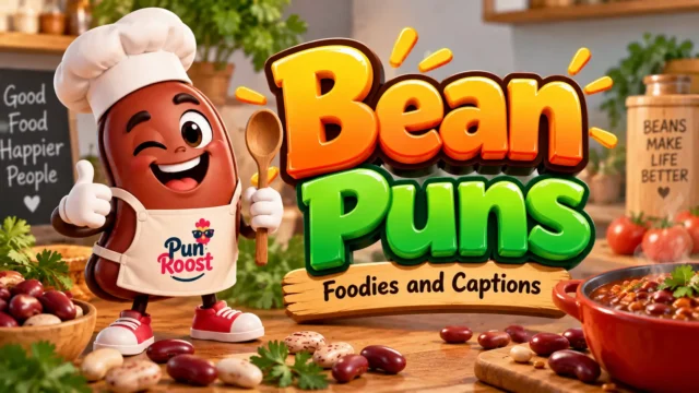 Bean Puns thumbnail with a cheerful chef bean mascot, chili pot, and colorful 3D typography