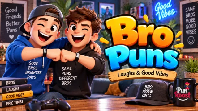Bro Puns thumbnail with two cheerful friends fist-bumping, a colorful hangout scene, and glossy 3D typography