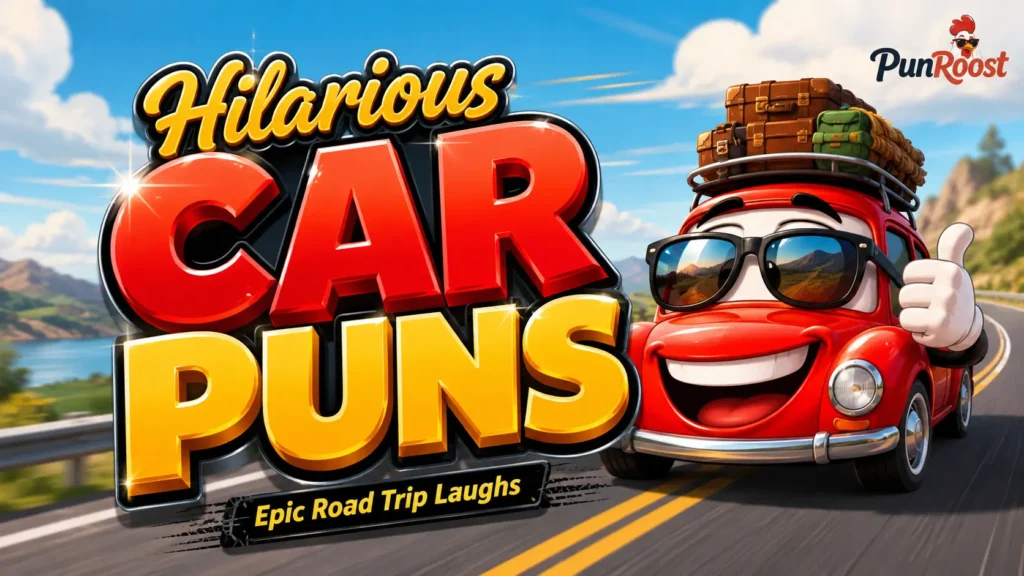 Hilarious Car Puns thumbnail with a smiling red road-trip car on a scenic highway
