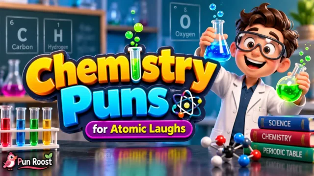 Chemistry Puns thumbnail with colorful 3D science typography, bubbling flasks, atom graphics, and a fun lab mascot
