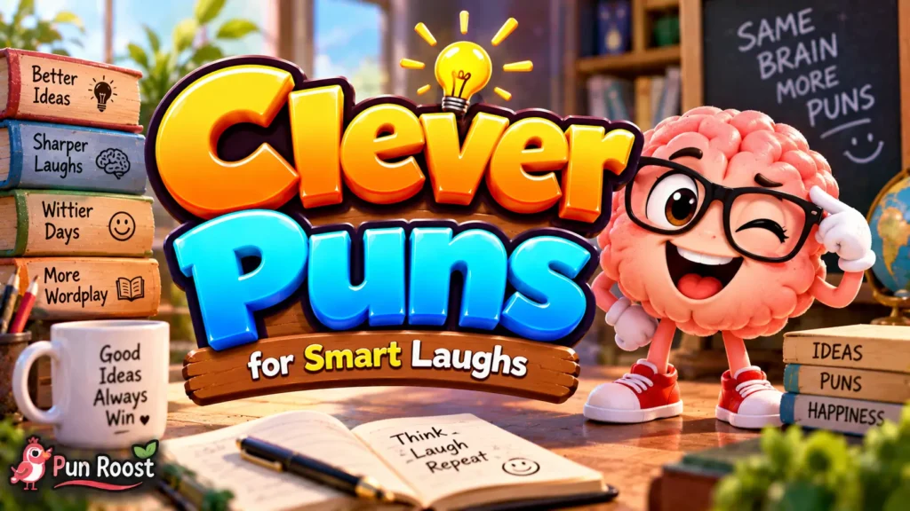 Clever Puns thumbnail with bold 3D lettering, a playful brain mascot, and a colorful creative study