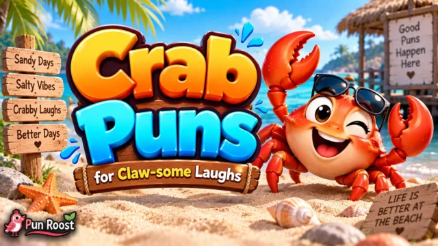 Crab Puns thumbnail with bold 3D lettering, a cheerful crab mascot, and a bright tropical beach scene