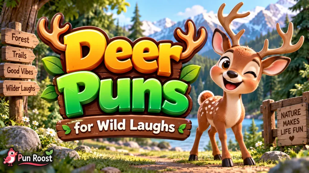 Deer Puns thumbnail with bold 3D lettering, a cheerful deer mascot, and a colorful forest scene