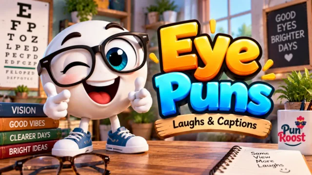 Eye Puns thumbnail with a cheerful eyeball mascot, glasses, eye chart, and glossy 3D typography