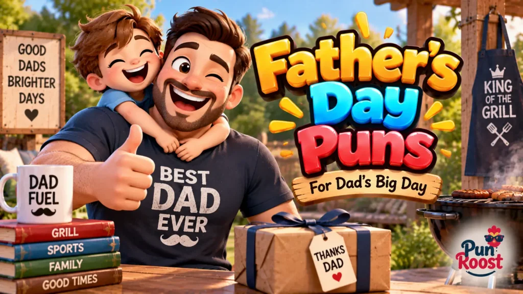 Father’s Day Puns thumbnail with a cheerful dad and son, BBQ scene, gift box, and glossy 3D typography