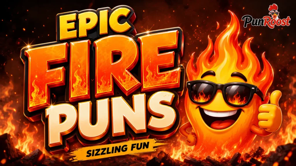 Epic Fire Puns with a cheerful flame mascot wearing sunglasses TITLE: Epic Fire Puns Thumbnail