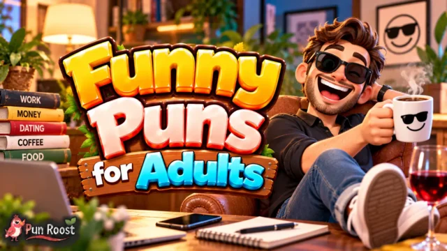Funny Puns for Adults thumbnail with bold 3D text, a laughing adult mascot, coffee, and cozy lounge details