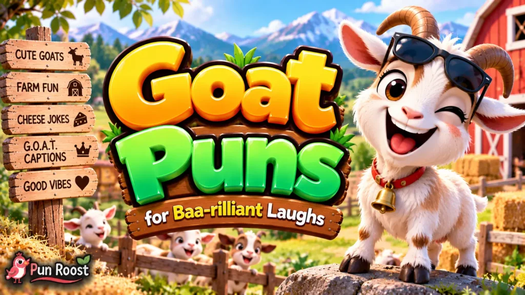 Goat Puns thumbnail with bold 3D lettering, a cheerful goat mascot, farm scenery, and baby goats