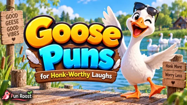 Goose Puns thumbnail with bold 3D lettering, a cheerful goose mascot, and a bright pond setting