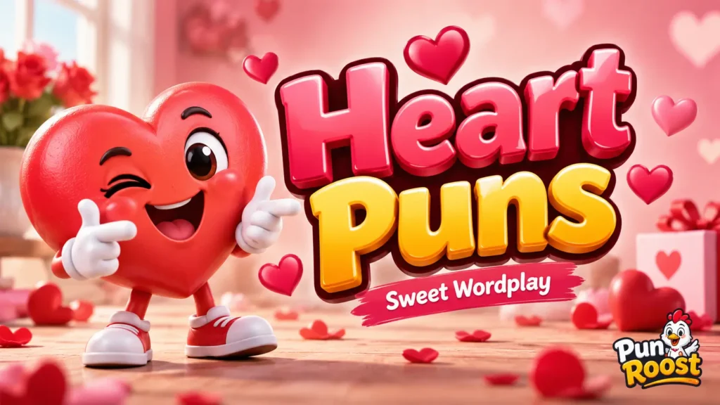 Heart Puns featured image with a playful heart mascot and colorful 3D lettering