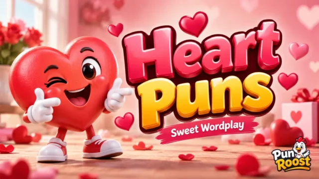 Heart Puns featured image with a playful heart mascot and colorful 3D lettering