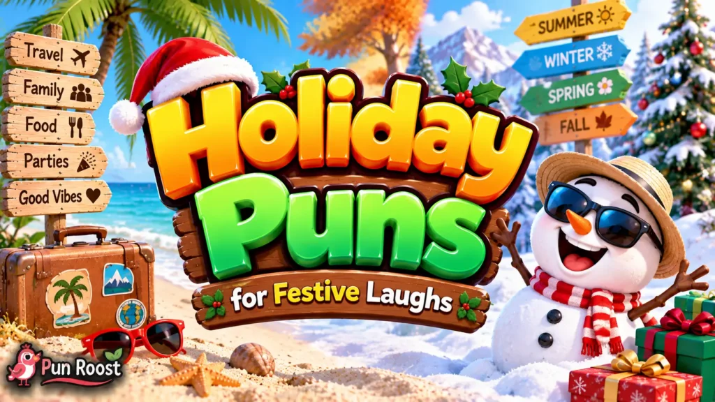 Holiday Puns thumbnail with bold 3D lettering, festive decorations, gifts, and a cheerful holiday mascot