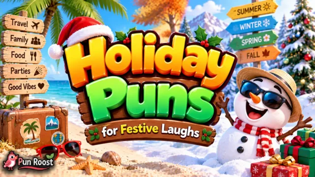 Holiday Puns thumbnail with bold 3D lettering, festive decorations, gifts, and a cheerful holiday mascot