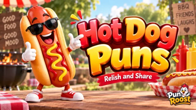 Hot Dog Puns featured image with a cheerful hot dog mascot and bold glossy 3D lettering