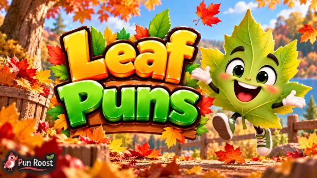 Leaf Puns thumbnail with bold 3D lettering, a cheerful leaf mascot, and a colorful autumn park
