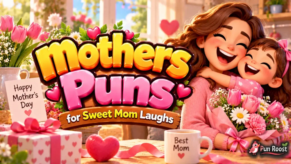 mothers Puns thumbnail with bold 3D lettering, flowers, gifts, and a joyful mother-daughter scene