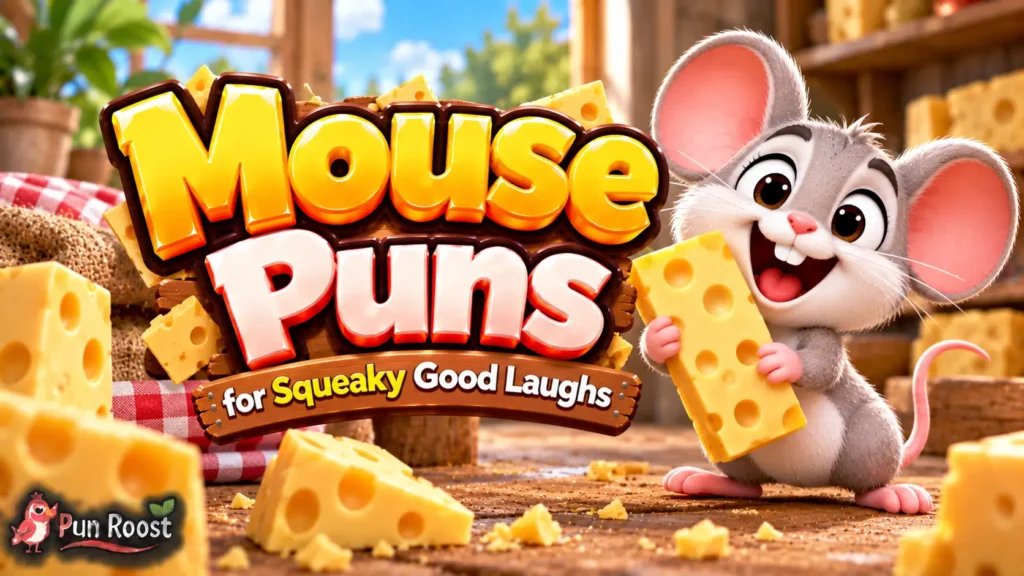 Mouse Puns thumbnail with bold 3D lettering, a cheerful mouse mascot, Swiss cheese, and a cozy kitchen scene