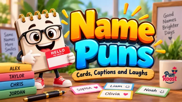 Name Puns thumbnail with a cheerful notebook mascot, name cards, and colorful 3D typography