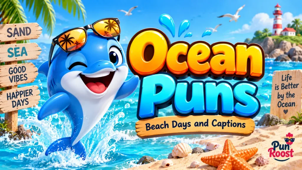 Ocean Puns thumbnail with a cheerful dolphin mascot, beach waves, and colorful 3D typography