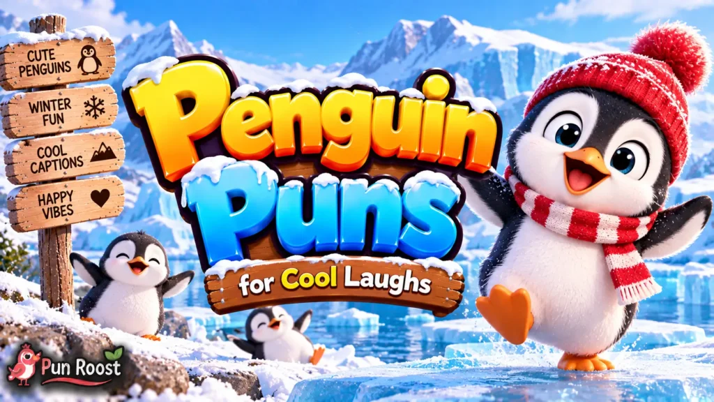 Penguin Puns thumbnail with bold 3D lettering, a cheerful penguin mascot, and a bright snowy scene