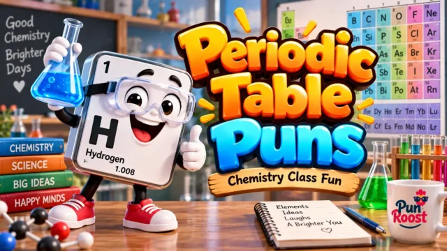 Periodic Table Puns thumbnail with a cheerful chemistry mascot, lab glassware, and colorful 3D text