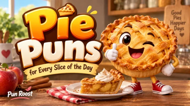 Pie Puns featured image with a cheerful lattice pie mascot and warm bakery setting