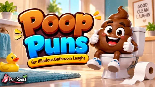 Poop Puns thumbnail with bold 3D typography, a playful toilet mascot, and bright bathroom-themed colors