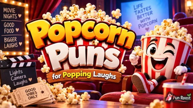 Popcorn Puns thumbnail with bold 3D lettering, a cheerful popcorn mascot, movie theater seats, and flying kernels