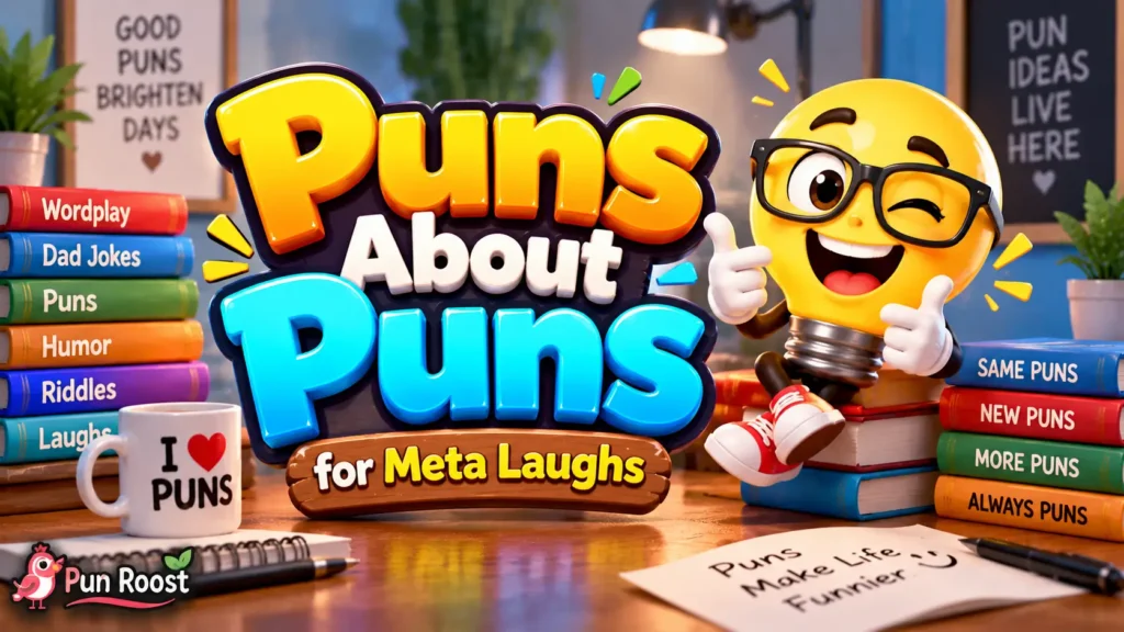 Puns About Puns thumbnail with bold 3D lettering, a playful lightbulb mascot, and colorful wordplay-themed decor