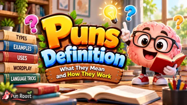 Puns Definition thumbnail with bold 3D lettering, a playful brain mascot, books, and wordplay visuals