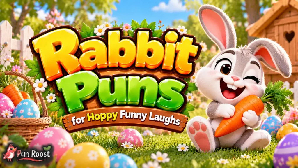 Rabbit Puns thumbnail with bold 3D lettering, a cheerful bunny mascot, carrots, flowers, and colorful Easter eggs