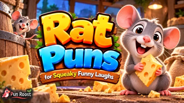 Rat Puns thumbnail with bold 3D lettering, a cheerful rat mascot, Swiss cheese, and a cozy colorful setting