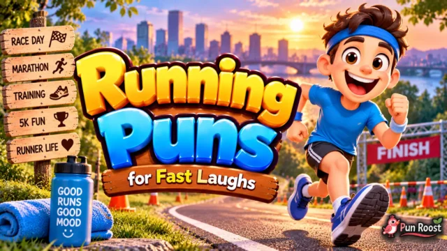 Running Puns thumbnail with bold 3D lettering, a cheerful runner, finish line, and colorful race-day scene
