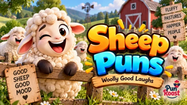 Sheep Puns thumbnail with a cheerful sheep mascot, green pastures, red barn, and glossy 3D typography