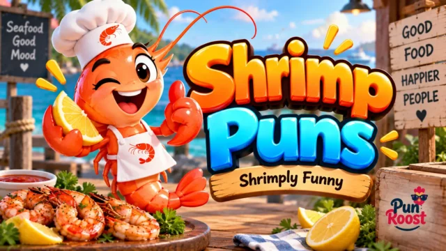 Shrimp Puns thumbnail with a cheerful chef shrimp mascot, seafood platter, lemons, and glossy 3D typography