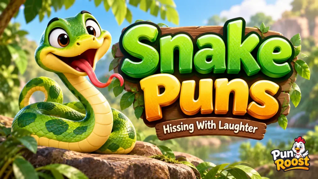 Snake Puns featured image with a playful green snake and bold 3D lettering