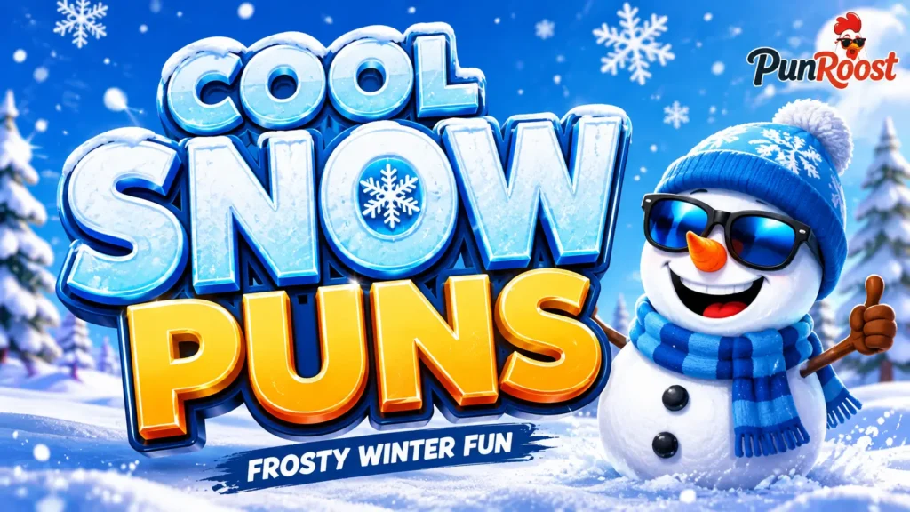 Cool Snow Puns with a cheerful snowman in a frosty winter landscape