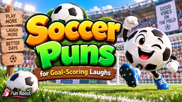 Soccer Puns thumbnail with bold 3D lettering, a soccer-ball mascot, goal net, and vibrant stadium scene