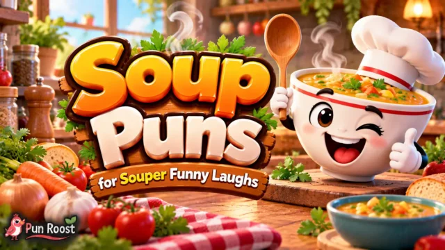 Soup Puns thumbnail with bold 3D lettering, a cheerful soup mascot, fresh ingredients, and a cozy kitchen