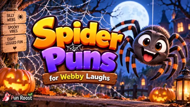 Spider Puns thumbnail with bold 3D lettering, a playful spider mascot, colorful webs, and a bright Halloween scene
