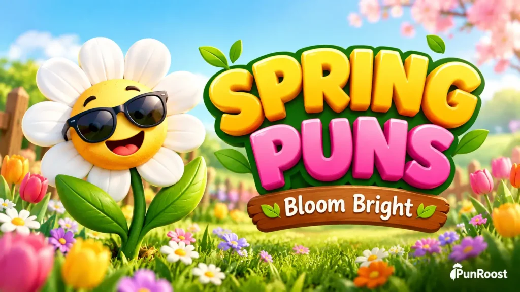 Spring Puns featured image with a cheerful flower mascot and bold 3D typography